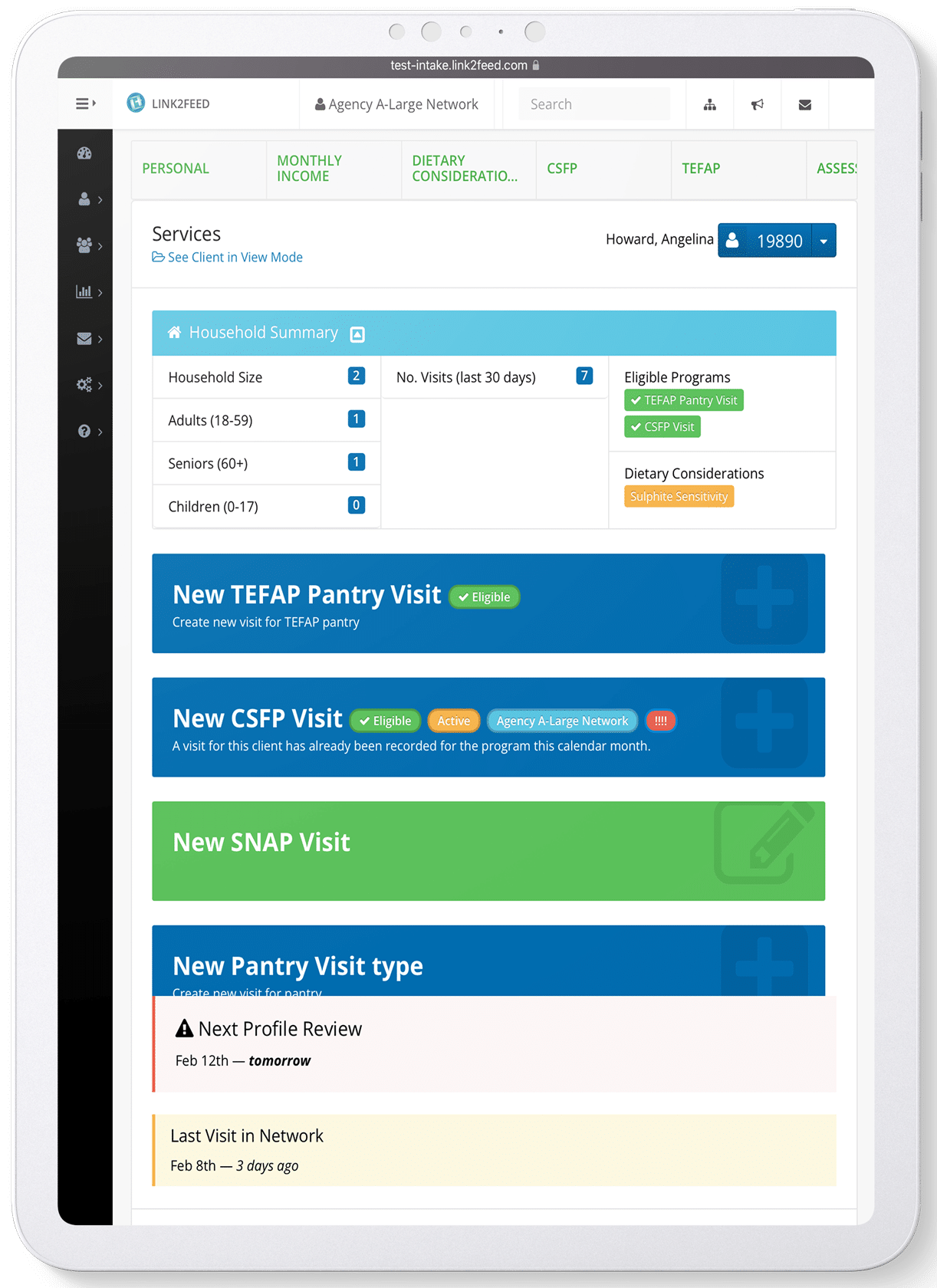 Tablet screenshot of client services tabs from Link2Feed Case Management product