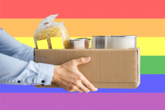 Two hands reaching out and holding a box of food items. In the background is the rainbow, Pride flag.