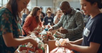 Volunteers packing groceries into boxes at a food bank, representing community efforts to fight hunger and highlighting issues addressed in the USDA food security report.