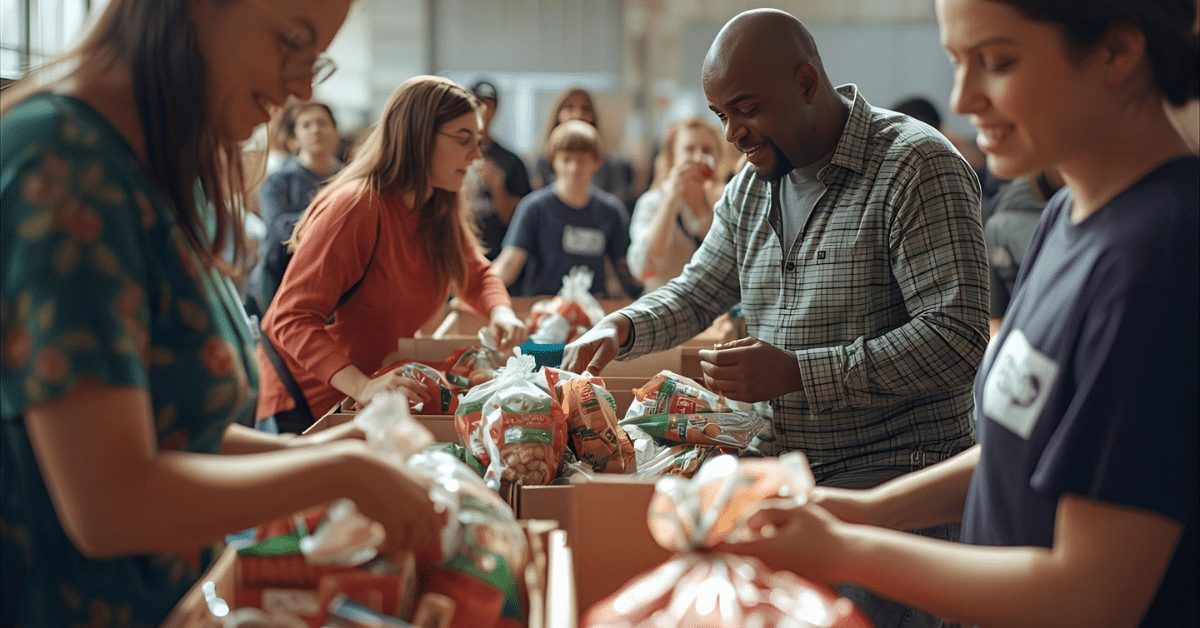 Volunteers packing groceries into boxes at a food bank, representing community efforts to fight hunger and highlighting issues addressed in the USDA food security report.
